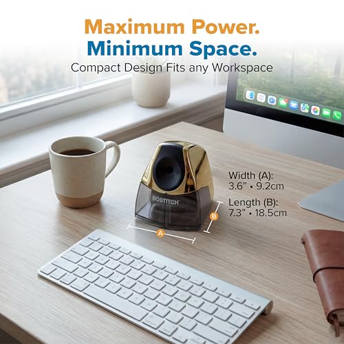 Image of Bostitch Office Electric Pencil Sharpener for Classroom & Desk Use, Heavy-Duty Stall-Free Motor, High-Capacity Shavings Tray, Gold Chrome