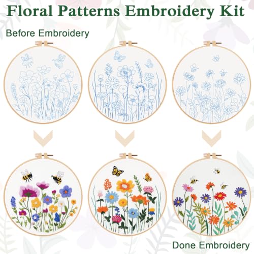 Image of Louise Maelys 3 Pack Floral Embroidery Kit for Beginners, Garden DIY