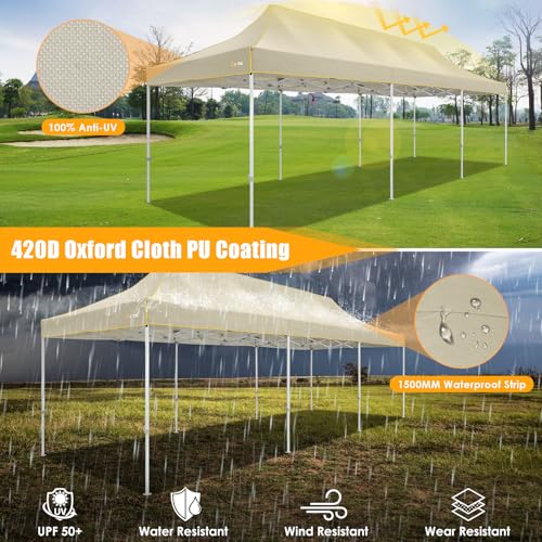 Image of HOTEEL 10x30 Heavy Duty Pop Up Canopy, Commercial Instant Canopy for Party Wedding Event, Waterproof UV 50+ & Windproof Outdoor Tent, Upgraded Thick Hexagonal Legs Tent with Wheeled Bag, Khaki
