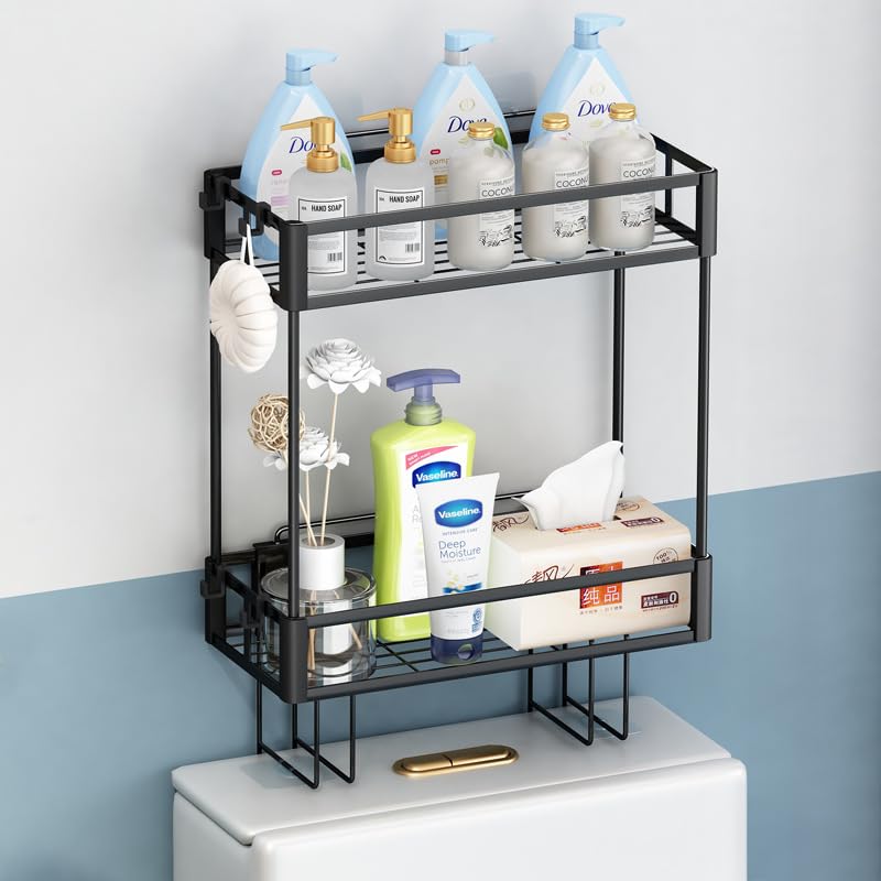 Zenlyf Bathroom Shelves & Accessories, No Drill Wall Rack Above Toilet with 2-Layer Carbon Steel Storage Organizer, Self Adhesive Bathroom Vanity Cabinet, Shampoo Holder, Wall Mounted Shelf-image-36