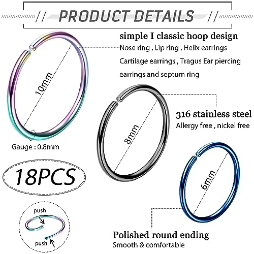 LOYALLOOK 18/24Pcs Hypoallergenic Nose Rings Hoops 316L Surgical Stainless Steel Lightweight Small Piercing Jewelry for Women Men Cartilage Tragus Helix2