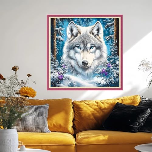 Image of Fanxvivy Stamped Cross Stitch Kits for Beginners Full Range of Cross Stitching Preprinted Embroidery Kits for Adults, 11CT Embroidery Pattern Needlepoint Kits-Forest Snow Wolf 18x18 inch