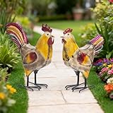 MODE HOME 2 Piece Metal Rooster Yard Decor Set, 12" Outdoor Chicken Statue for Garden, Farmhouse and Patio, Hand-Painted Metal Chicken Figurine, Rustic Chicken Yard Art and Outdoor Rooster Decor
