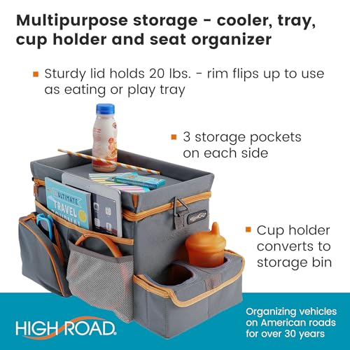 High Road CarHop Car Seat Organizer for Kids and Adults with Cup Holder Tray, Side Pockets and Cooler Compartment (Medium, Gray)