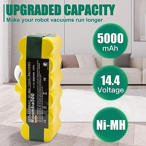 Image of BATTOOL 5.0Ah 14.4V Ni-Mh Battery Compatible with iRobot Roomba Battery Replacement R3 500 600 700 800 900 Series 510 530 535 540 550 552 560 570 580 595 620 650 655 660 675 690 760 770 780 790 870
