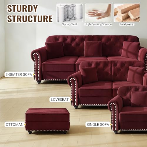 Image of KEIKI 63 inch Velvet Chesterfield Sofa with Rolled Arms & Nailhead Trim & 1 Ottoman, Modern 2-Seater Button Tufted Couch with High Resilience Cushion & 2 Pillow, Easy Assembly, for Living Room, Burgundy