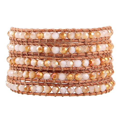 KELITCH 5 Wrap Bracelet Hand Braided Gemstone Bracelets on Natural Leather Cuff Bracelets Handmade Bangle Jewelry for Women