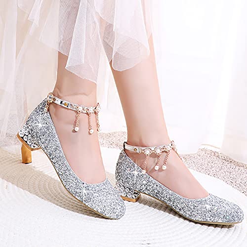 Little Kid Girls Dress Pumps Glitter Shoes Sequins Princess Low Heels Mary Jane Dance Wedding 𝐑hinestones Sandals 5