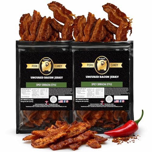 Image of Spicy Sriracha Bacon Jerky - Bold & Fiery Snack Made from 100% Real Uncured Thick-Cut Bacon | Small-Batch, Savory Heat, Tossed in Spicy Sriracha Glaze | 4 ounces total (Pack of 2 bags, 2 ounces each)