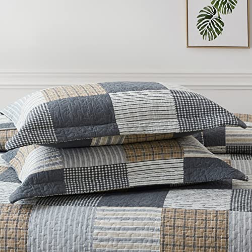 Finlonte King Size Quilt, 100% Cotton Lightweight King Quilt Set, Grey Brown White Plaid Patchwork Farmhouse King Quilted Bedspread, Reversible Soft Quilt King Size Bedding Set All Season, 3-Pieces #TOP3