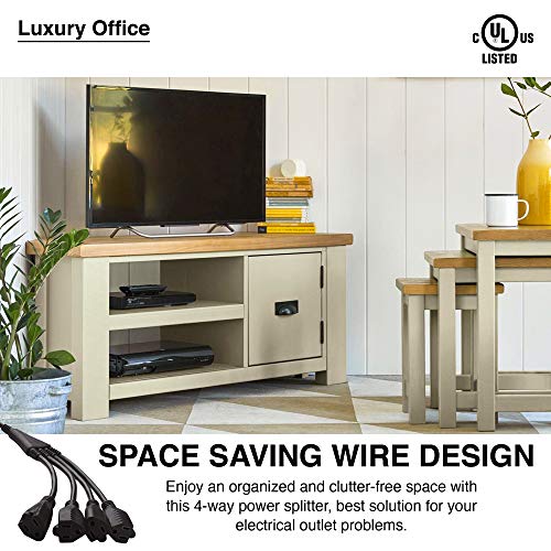 Image of 4 Way Power Splitter - 1 to 4 Extension Cord Splitter, 1.5' Short Extension Cord UL Listed, Outlet Splitter 3 Prong, Power Strip Outlet Plug, Y Style Extension Cord, Black, SJT 16 AWG by Luxury Office