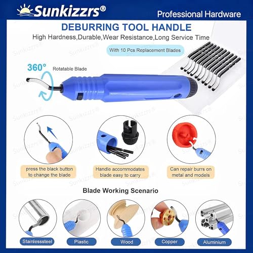 Image of Sunkizzrs Deburring Tool Kit with 10-Pcs Rotary Deburr Blades -Metal Cutter for Resin Art /Plastic /Aluminum -Hand Rotary Pipe Deburring Cutter -AC Tools with Anti-Slip Handle & Precision Edge