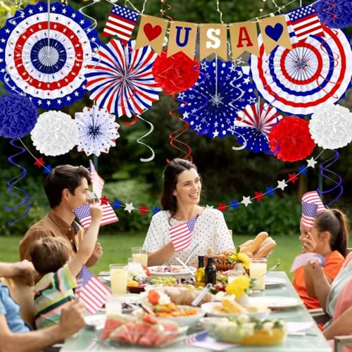 Image of 26Pcs Patriotic Decorations - Red, White & Blue USA Flag Party Pack for Fourth of July, Includes Paper Fans, Pom Poms, Hanging Swirls, Banner & Star Streamer