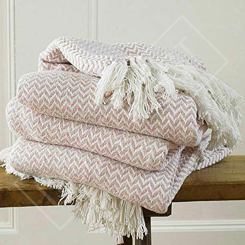 QPC Direct 100% Cotton Hand Woven Herringbone Chevron Throw (Blush Pink Chevron, Large 70" x 90" [170 x 200cm])