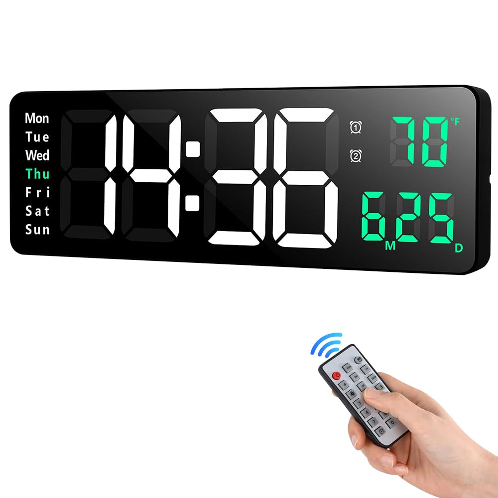 40,6 cm große digitale Wanduhr, LED-Digitaluhr mit Fernbedienung, Datum, Woche, Temperaturanzeige, Dual-Alarme, 12/24 Stunden, 10-stufiger Dimmer, Countdown-Timer für Wohnzimmer, Büro, Küche (grün)