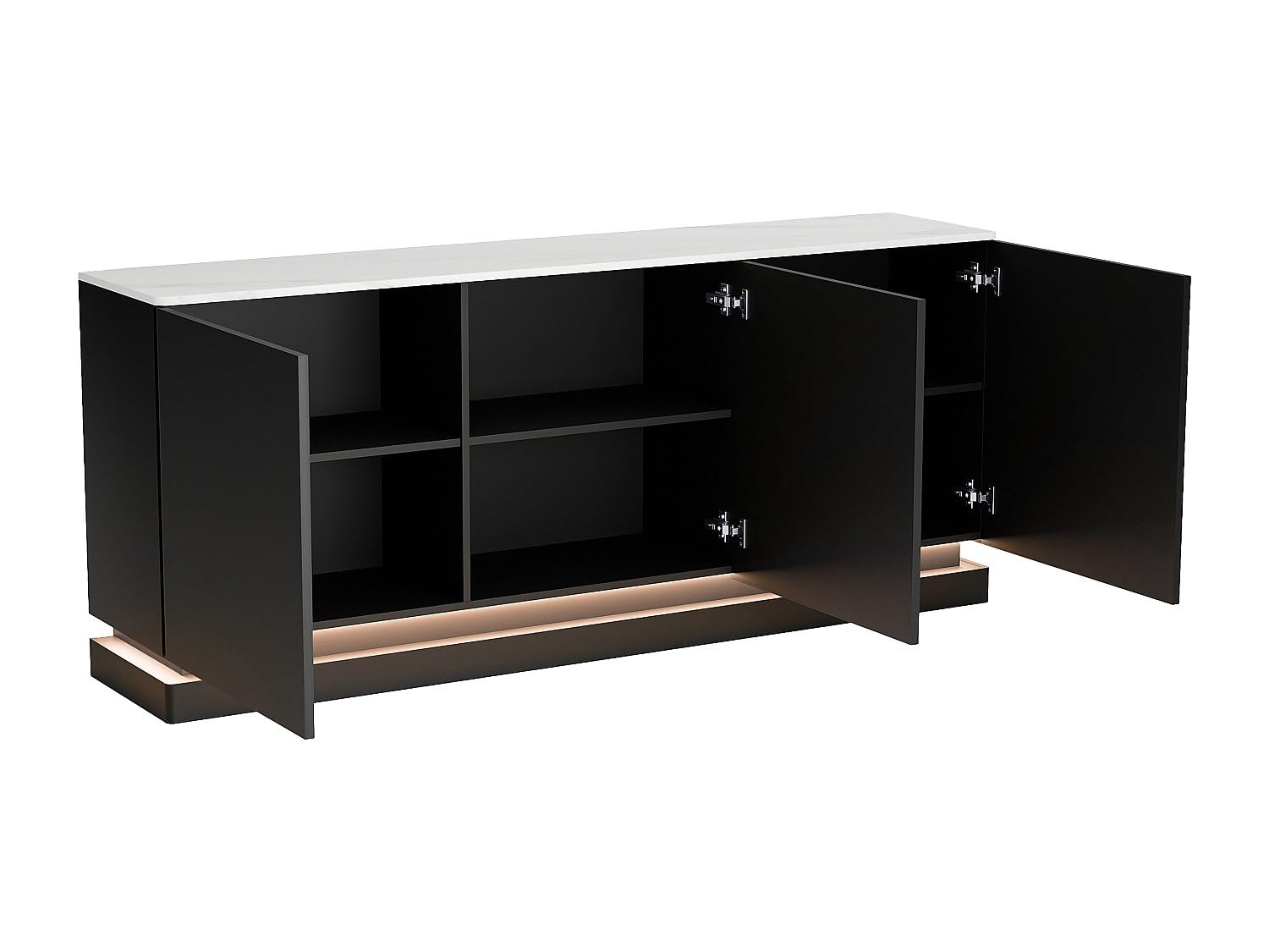 PASCAL MORABITO Vente-Unique - Buffet 3 Portes avec LEDs en MDF - Noir et Effet marbre Blanc - DEVIKA