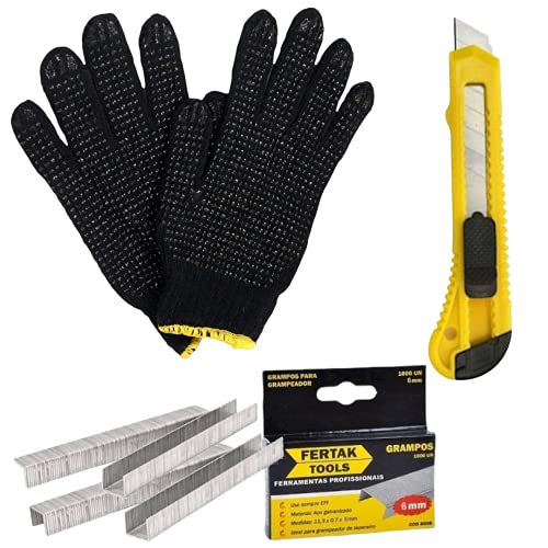 Kit Grampeador de Tapeceiro + 1100 Grampos + Estilete + Luva Proteção