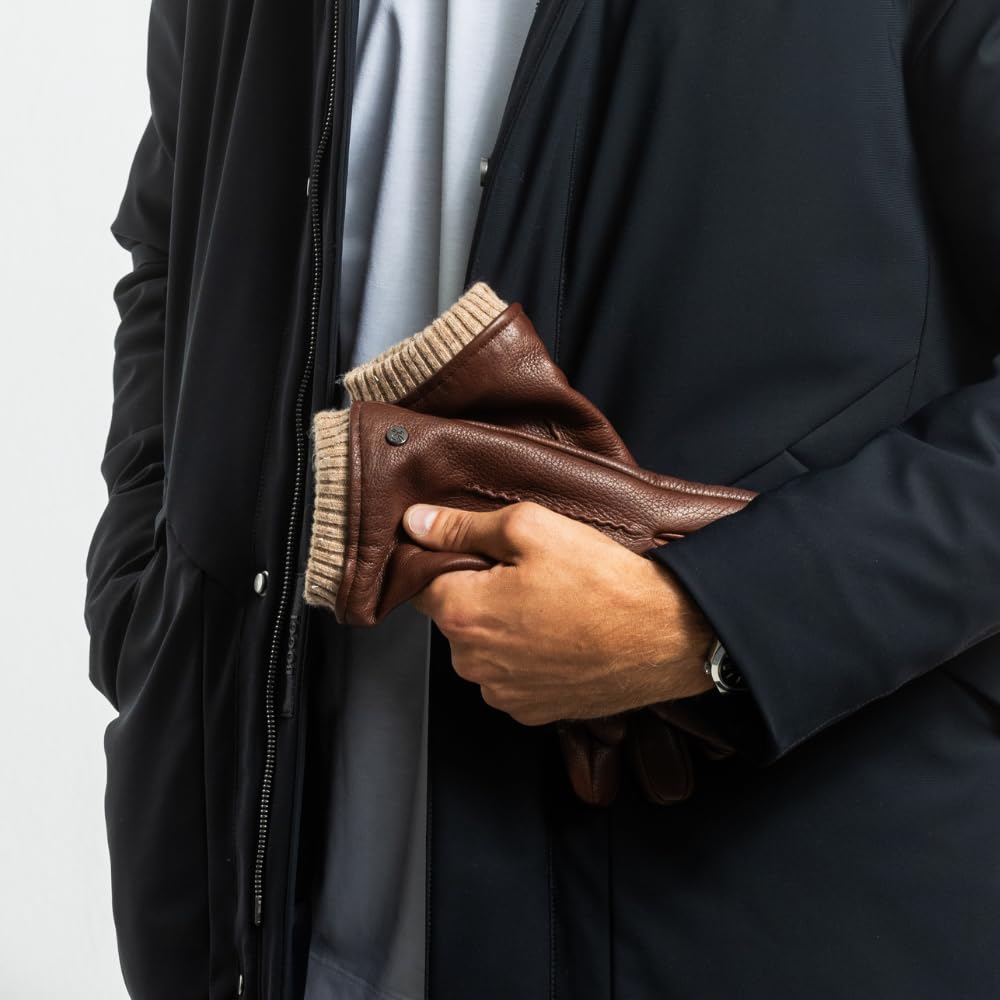Guanti in pelle di cervo con fodera in cashmere, con scaldamuscoli a maglia, guanti da uomo in pelle di cervo, foderati caldi, colore nero, marrone