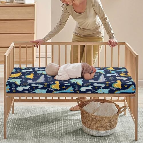 Image of Cute Dinosaurs Baby Crib Sheets for Boys Girls Navy Blue Fitted Crib Sheet for Standard Crib and Toddler Mattress Colorful Baby Mattress Sheets Toddler Bed Sheet 52x28x8 in
