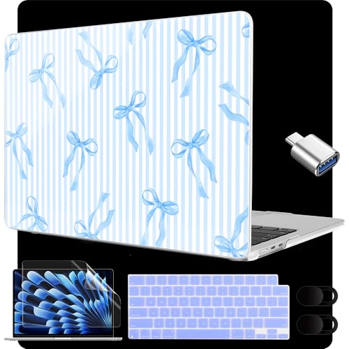 Image of MEEgoodo for M5 /M4 /M3 /M2 MacBook Air 15 inch Case 2026 2025 2024 2023, Case Fit Model (A3448 /A3241 /A3114 /A2941) for MacBook Air 15.3 inch, Blue Stripes&Bows