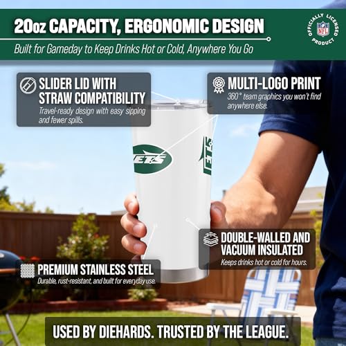 Image of New York Jets NFL 20oz Stainless Steel Insulated Tumbler, Slider Lid