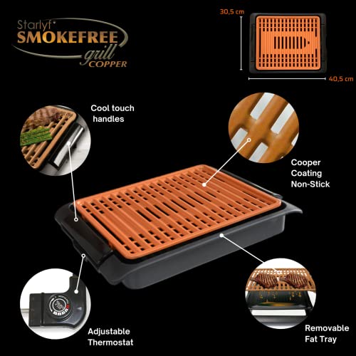 Griglia Elettrica Senza Fumo STARLYF Smokefree Grill Cooper, Nuovo design, 1250W, Griglia No Fumo Carne Pesce e Verdure Grigliate Cucina Barbecue (Griglia Elettrica Rame) - immagine 3