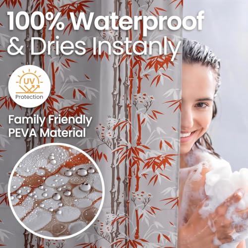 Image of Shower Curtain 7 Feet | Waterproof PVC Printed Bathroom Curtain with 8 Rings | Transparent Stone Print Bathtub Curtain | Extra Long Bathroom Liner, Waterproof & Easy to Clean (Orange Leaf,Pack Of 1)