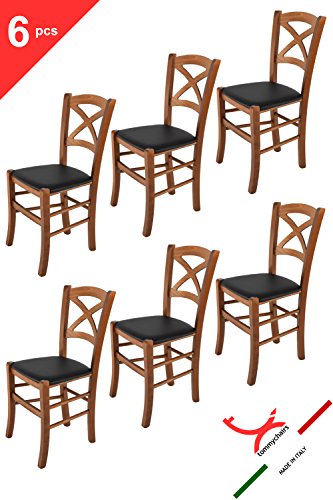 Tommychairs sillas de Design - Set de 6 sillas Modelo Cross para Cocina, Comedor, Bar y Restaurante, con Estructura en Madera Color Nuez y Asiento tapizado en Polipiel Color Negro