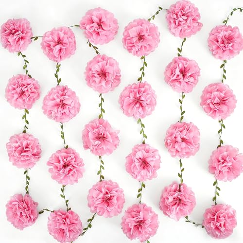 2 Stück Blumengirlande aus Papier, Rosa Blumen mit Grünen Blättern, 2.5 Meters Pompon-Deko für Wand, Hochzeit, Party und Garten
