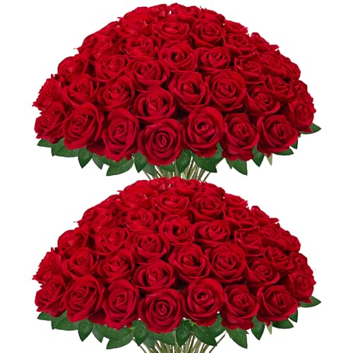 InnoGear 50 Pcs Red Roses Artificial Flowers, Fake Velvet Silk