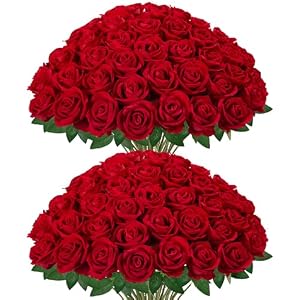 InnoGear 50 Pcs Red Roses Artificial Flowers, Fake Velvet Silk Rose Bulk Faux Flower for Mother’s Gift Decoration DIY Wedding Centerpieces Proposal Bridal Bouquets Party Floral Decor (50, Red)
