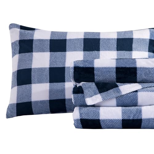 Elegant Comfort Luxuriously Soft 4-Piece Velvet Plush Flannel Sheet Set - Premium Quality -Cozy Warm, Anti-Static, Non Pilling Fuzzy Velvet Flannel Fleece Deep Pocket Sheet Set-Cal King, Buffalo Navy