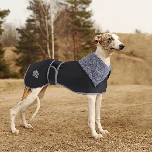 Geyecete Hunde Wintermäntel fur Windhund,Hundejacken mit plüschfutter,Wasserdichter Regenmantel Winddicht, Outdoor-Hundebekleidung mit Sicheren Reflexstreifen,fur mittel und große Hunde-Schwarz-M