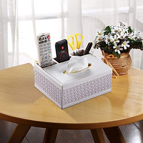 Tissue Box Cover Rectangular Leather Facial Tissue Box Holder with Remote Control Holder, Multifunction Desk Organizer Napkin Storage Box, Pumping Paper Dispenser for Bathroom, Kitchen, Office - Thumbnail 3
