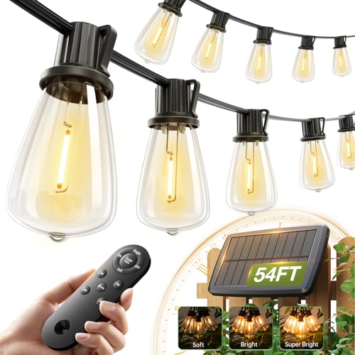 addlon 54(48+6) FT Solar String Lights Waterproof,Patio Lights Solar Powered with Remote & USB Port 15+1 LED Shatterproof Bulbs 3 Light Modes, Dimmable Solar Light for Camping Backyard Garden