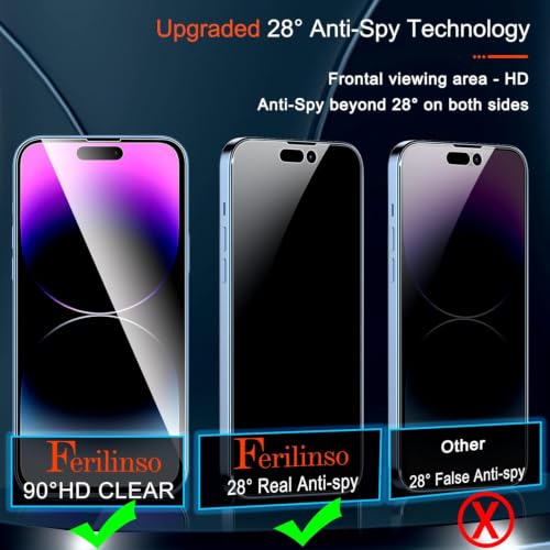 Image of Ferilinso Privacy Screen Protector for iPhone 14 Pro Max, Tempered Glass | 3 Pack, 9H+ Hardness, Military-Grade Shatterproof, Case Friendly, Easy Installation Bubble Free, with Camera Lens Protector