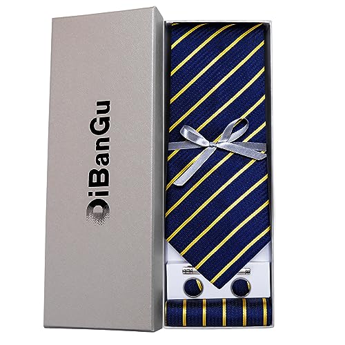 Image of DiBanGu Mens Striped Tie Silk Woven Necktie and Pocket Square Cufflinks Tie Clip Set Wedding Business Formal Gift Tie for Men