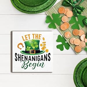 Happy St Patricks Day Decoration Let the Shenanigans Begin Wooden Sign Blessing Decor Home Tabletop Shelf Desk Decor 5 x 5 Inches St Patricks Day Decorations A10