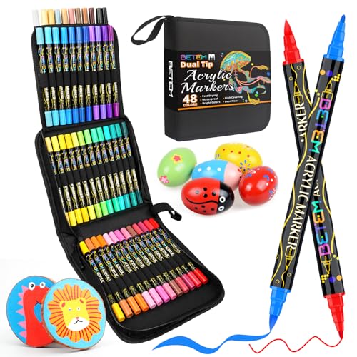 Betem Paint Markers Acrylic Paint Pens, Dual Tip 48 Colors Acrylic Markers with Brush Tip and Fine Point, Art Supplies for Wood, Canvas, Stone, Glass, Rock Painting Kit DIY Crafts Drawing Kit with Bag