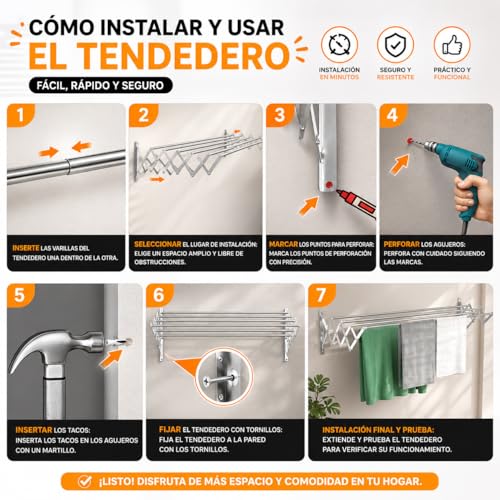 Miniatura 7 de Tehorneo Tendedero Extensible Pared 100 Cm, Tendedero Pared Acero Inoxidable, Tendederos Plegables De Pared, Tendedero Retractil, Tendal Extensible Para Interior Y Exterior, 25 Kg Capacidad