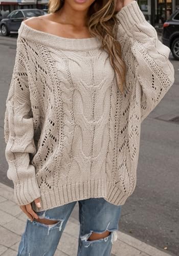 Women’s Off The Shoulder Oversized Sweaters Cable Knit Pullover Tops Long Sleeve Loose Slouchy Cute Sweaters3