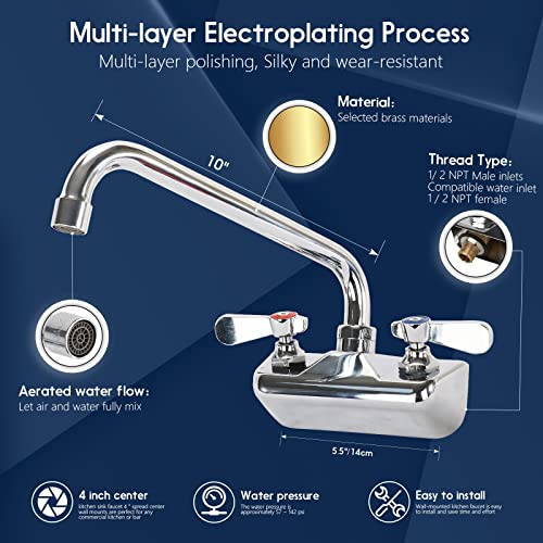 4 Inch Center Commercial Sink Faucet Wall Mount Kitchen Hand Sink Faucet, 1/2" Npt Male Inlet, Brass Constructed & Chrome Polished, With 10" Swivel Spout & Dual Lever Handles #TOP3