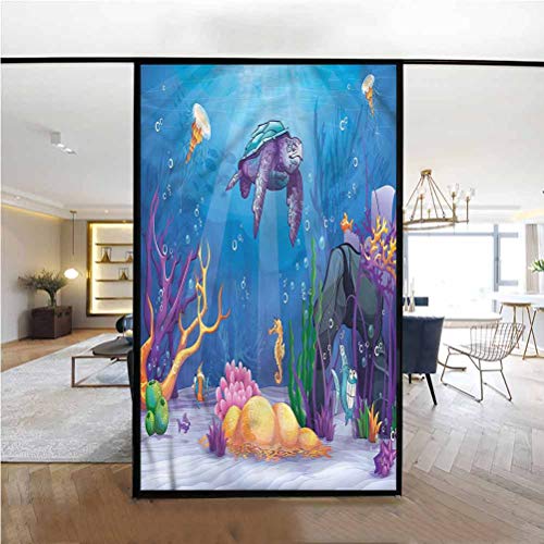 Glass Film Window Film,Underwater World Cartoon,3D No Glue Glass Sticker Window Home Office