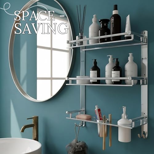 Image of GLOXY Premium Chrome Finish Bathroom Stainless Steel Organizer with Soap Holder, Liquid Soap Dispenser and Toothbrush Holder - 6 in 1 Bathroom Rack Shelf for Home, Office, Hotels & Restaurants