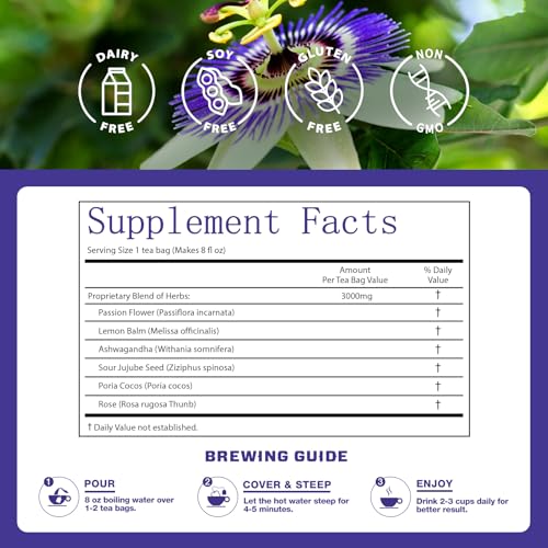 Image of VailHerbTea Passion Flower Tea Bags for Relaxation & Sleep Support, 6-in-1 Herbal Tea w /Lemon Balm Ashwagandha - Caffeine Free - 50 Count