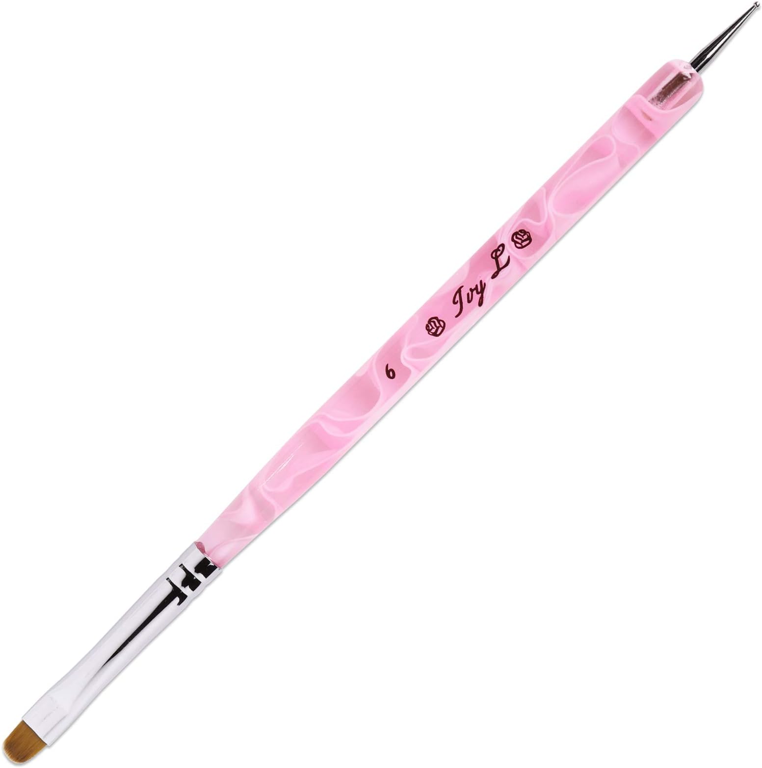 Ivy L Premium 2 Way French Gel Acrylic Nail Art Kolinsky Brush with Dotting Tool for Professional Manicure Cuticle Clean up Nail Art Design (Size # 6, Pink Marble)