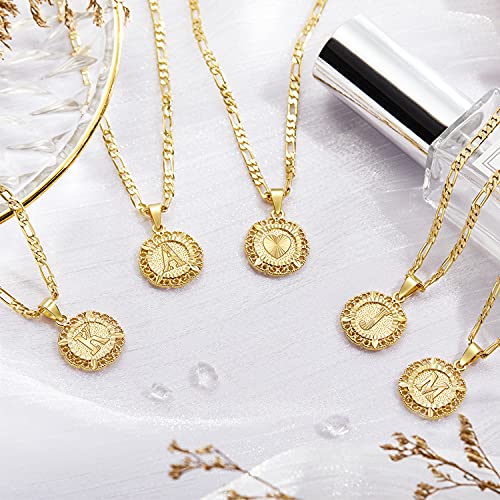 Kissyan Initial Necklace For Women Girl,14K Gold Plated Round Letter Pendant Necklace Capital Monogram Necklace Alhpabets From A-Z Figaro Chain Necklace(Gold A) #TOP5