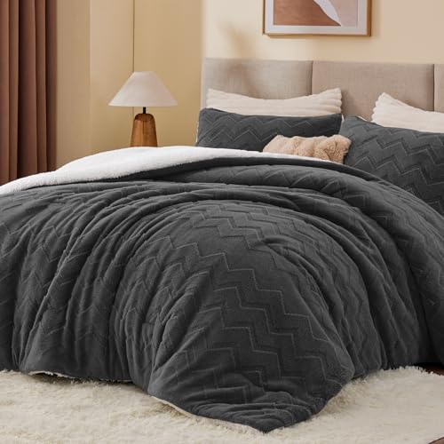 Image of BEDELITE Fluffy Sherpa King Comforter Set,Charcoal | Super Soft & Warm Fleece Bedding, Luxury Fuzzy Comforter for Winter, Heavy Plush Bedding Set,2 Pillowcases