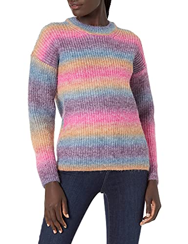 Image of Cable Stitch Women's Ombre Space-Dyed Crewneck Sweater - Long Sleeve Color Block Rainbow Striped Pullover Top