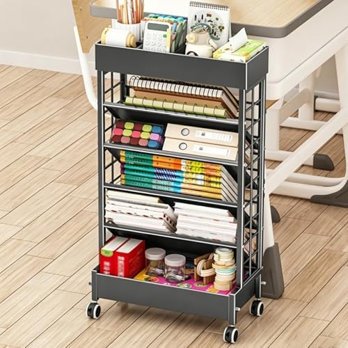 6-Tier Modern Book Cart with Wheels, Carbon Steel Mobile Book Rack, Floor Standing Organizer for Books & Magazines, Stylish Black Storage Solution for Office & Home